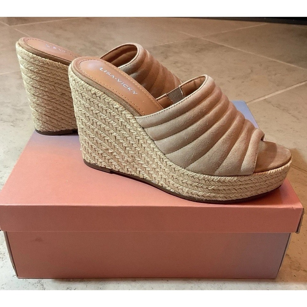 Lisa Vicky Gogo-V Tan Camel Kid Suede Wedge Sandals , Size 8.5